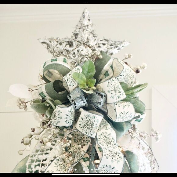 Christmas Tree Topper Bow Star Holiday Decor Mod Farmhouse White, Green & Silver - Picture 2 of 12